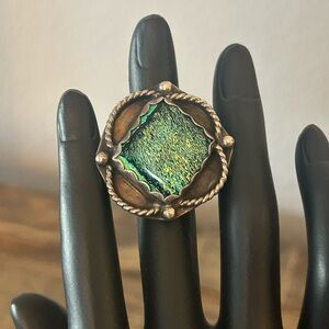 Silver Iridescent Green Stone Ring